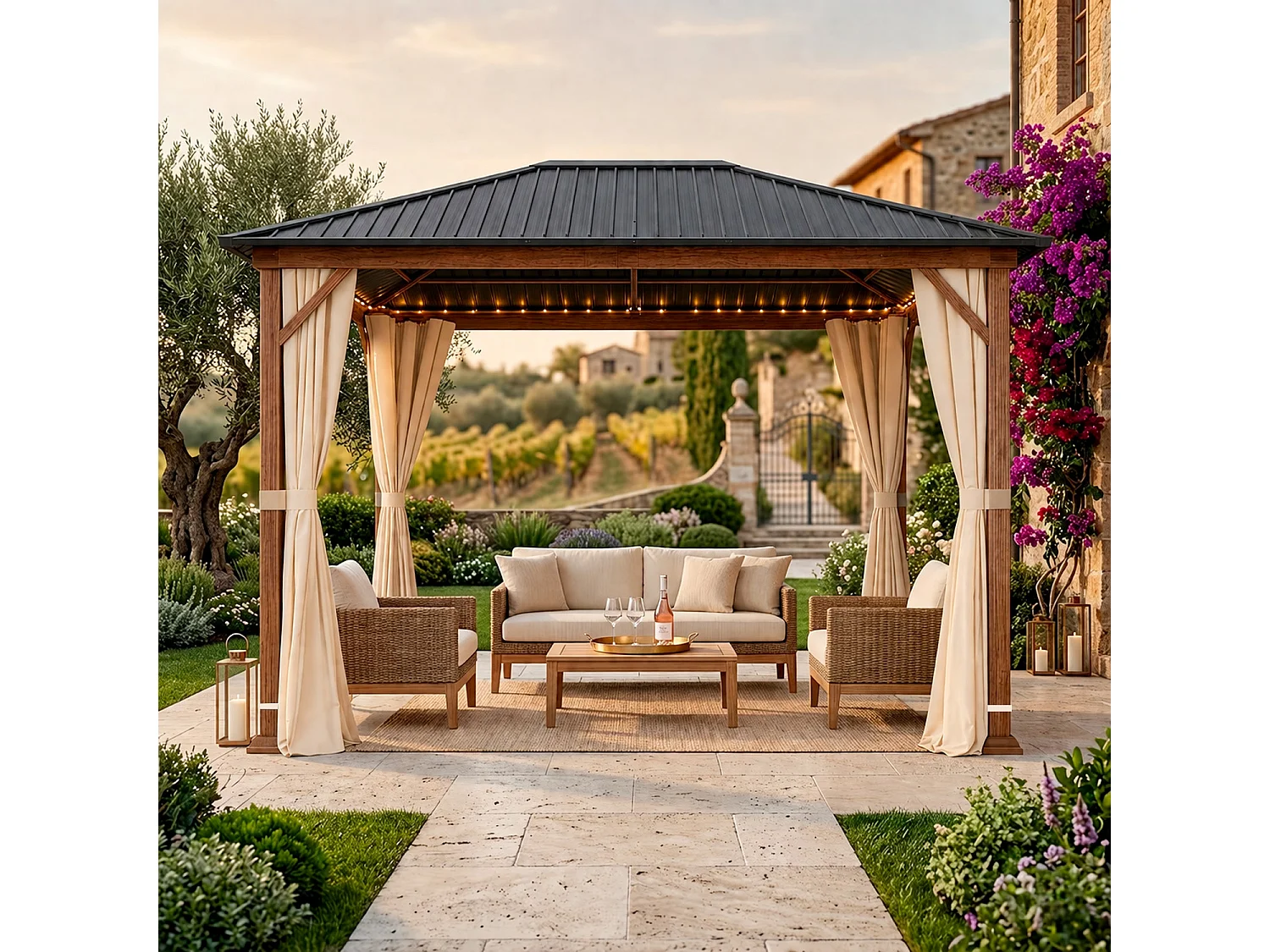 Gazebo Metri Per Giardino Con Tetto In Acciaio Zincato Struttura Effetto Legno Tende Laterali Impermeabile Per Patio Outdoor E Terrazza Effetto Legno E Beige