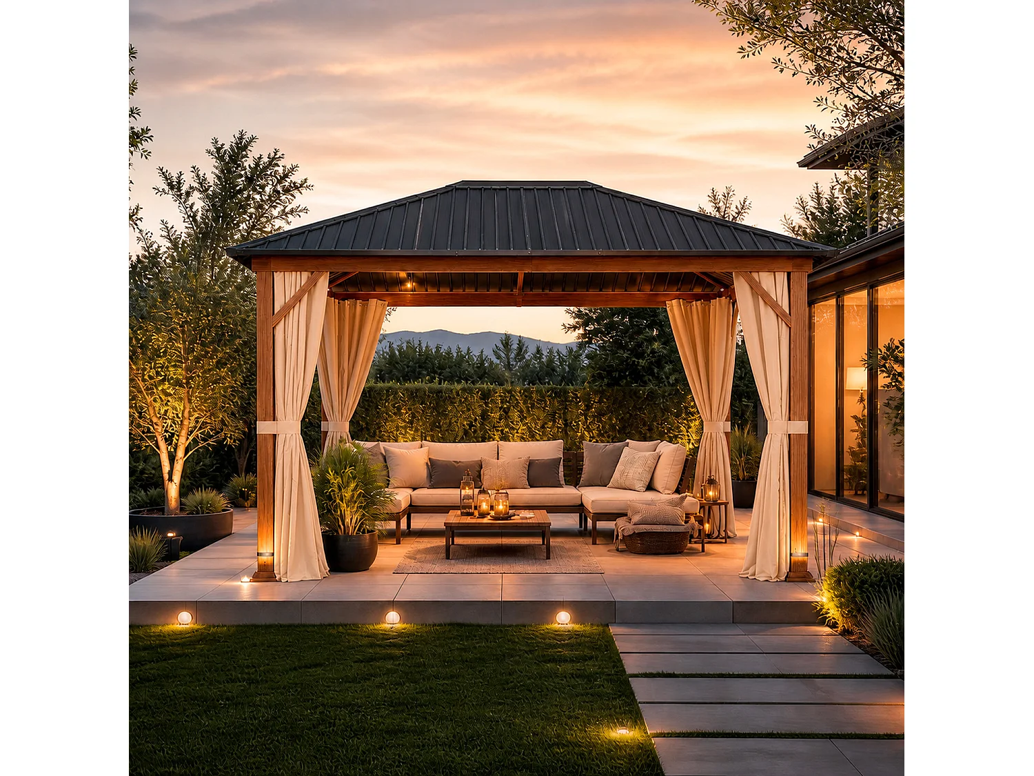 Gazebo Metri Per Giardino Con Tetto In Acciaio Zincato Struttura Effetto Legno Tende Laterali Impermeabile Per Patio Outdoor E Terrazza Effetto Legno E Beige