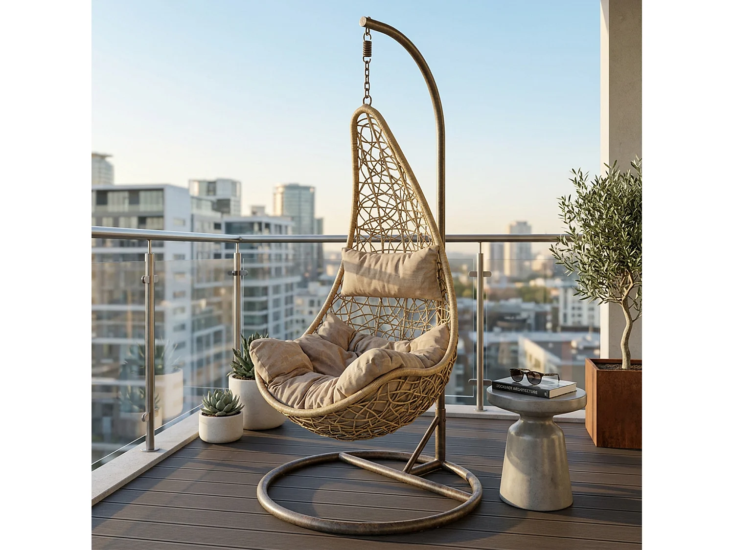 Poltrona Sospesa Da Giardino Con Struttura Autoportante In Metallo Seduta In Polyrattan E Cuscino Per Veranda Balcone E Terrazza 105 x 195 Cm Beige