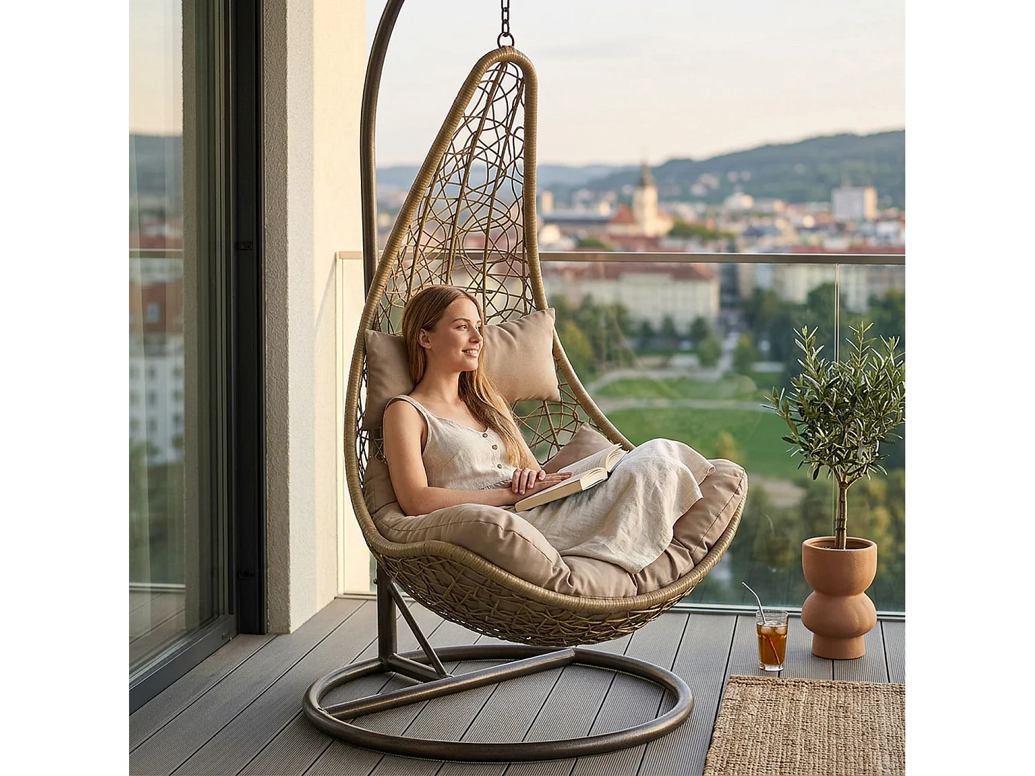 Poltrona Sospesa Da Giardino Con Struttura Autoportante In Metallo Seduta In Polyrattan E Cuscino Per Veranda Balcone E Terrazza 105 x 195 Cm Beige