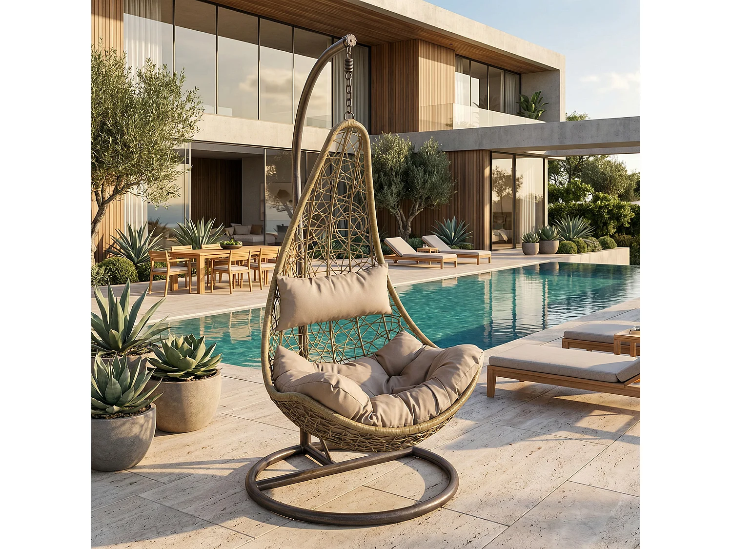 Poltrona Sospesa Da Giardino Con Struttura Autoportante In Metallo Seduta In Polyrattan E Cuscino Per Veranda Balcone E Terrazza 105 x 195 Cm Beige