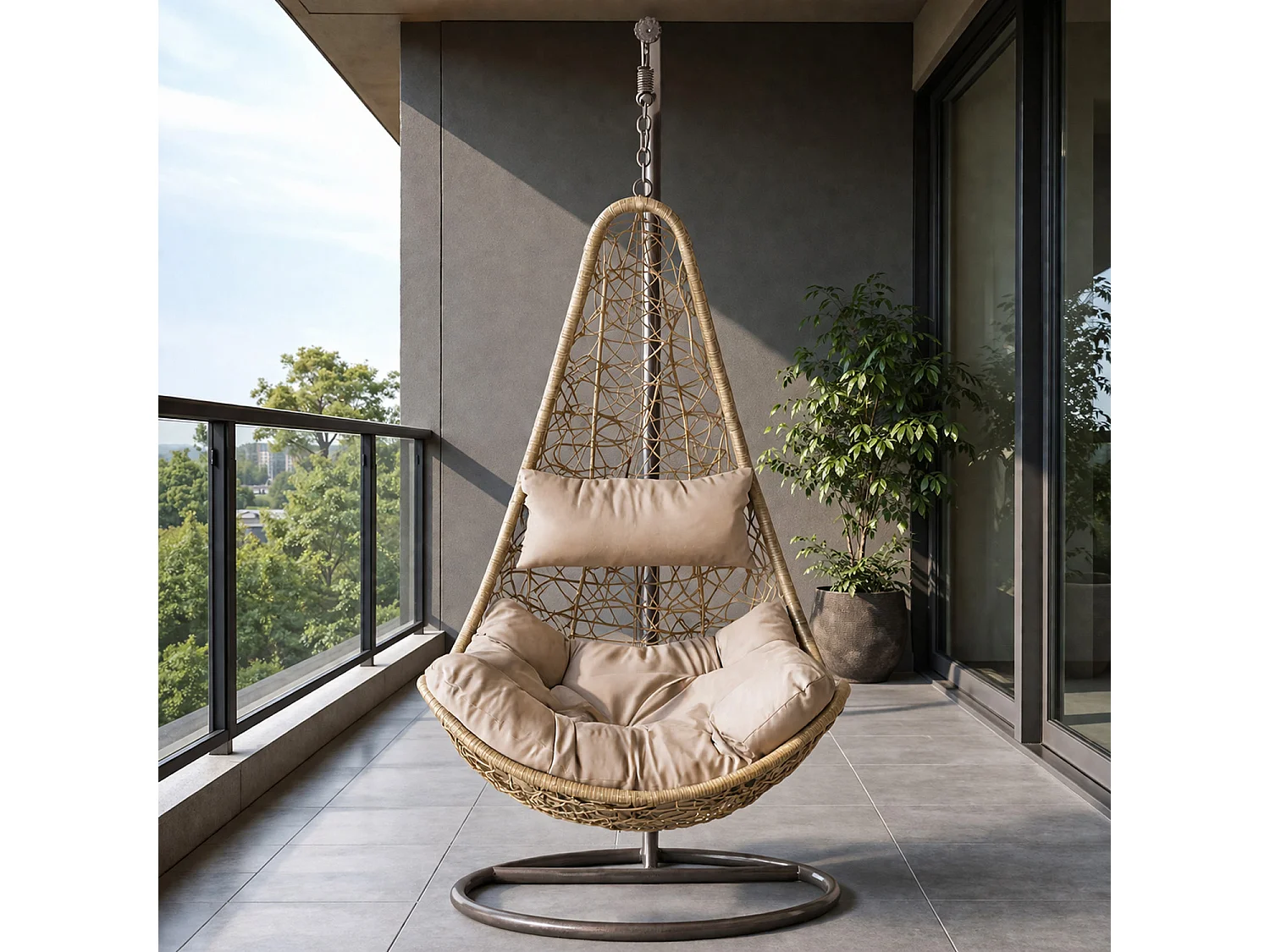Poltrona Sospesa Da Giardino Con Struttura Autoportante In Metallo Seduta In Polyrattan E Cuscino Per Veranda Balcone E Terrazza 105 x 195 Cm Beige