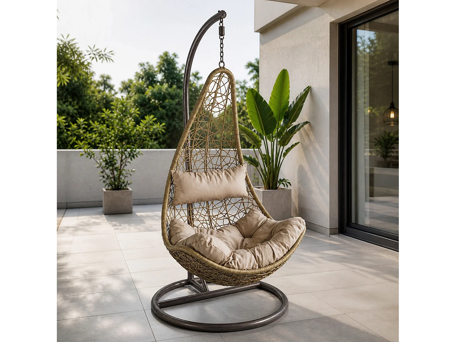 Poltrona Sospesa Da Giardino Con Struttura Autoportante In Metallo Seduta In Polyrattan E Cuscino Per Veranda Balcone E Terrazza 105 x 195 Cm Beige