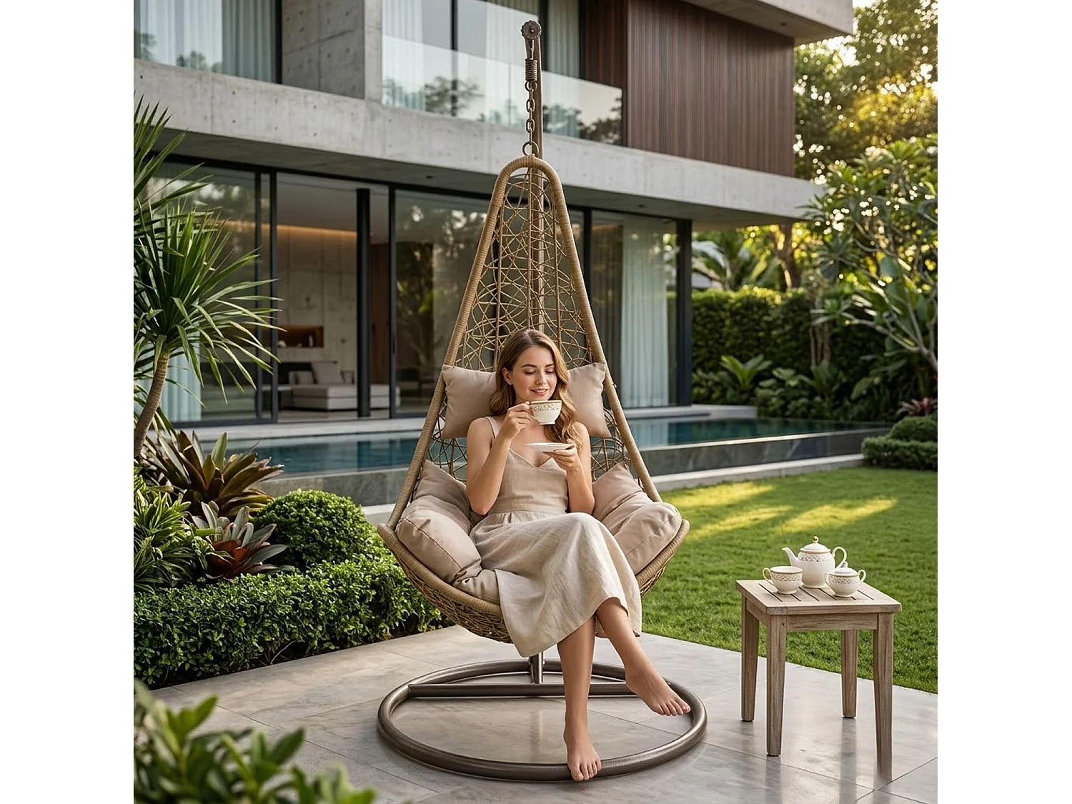 Poltrona Sospesa Da Giardino Con Struttura Autoportante In Metallo Seduta In Polyrattan E Cuscino Per Veranda Balcone E Terrazza 105 x 195 Cm Beige