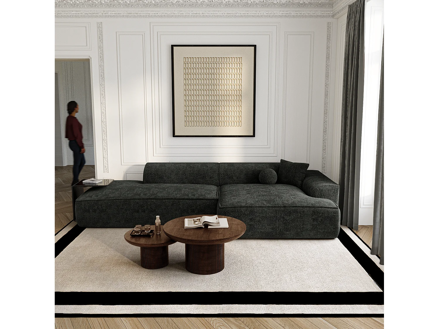 Canapé d'angle droit 4 places HANA en velours tramé anthracite foncé