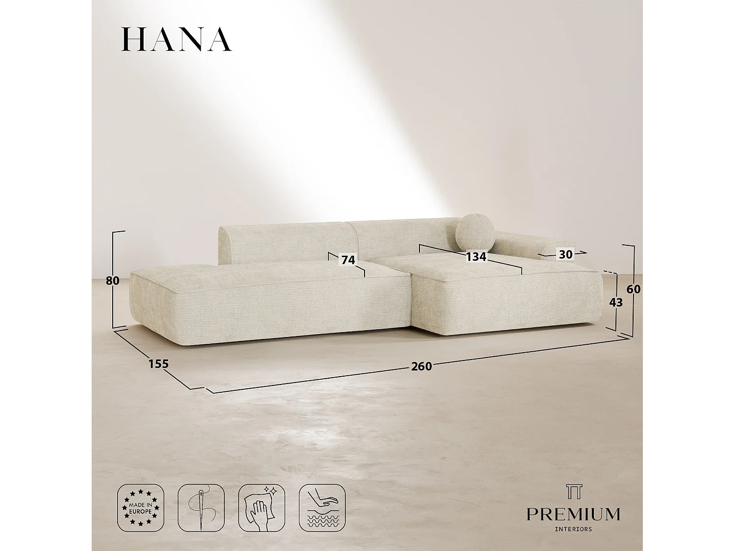 Canapé d'angle droit 4 places HANA en velours tramé taupe