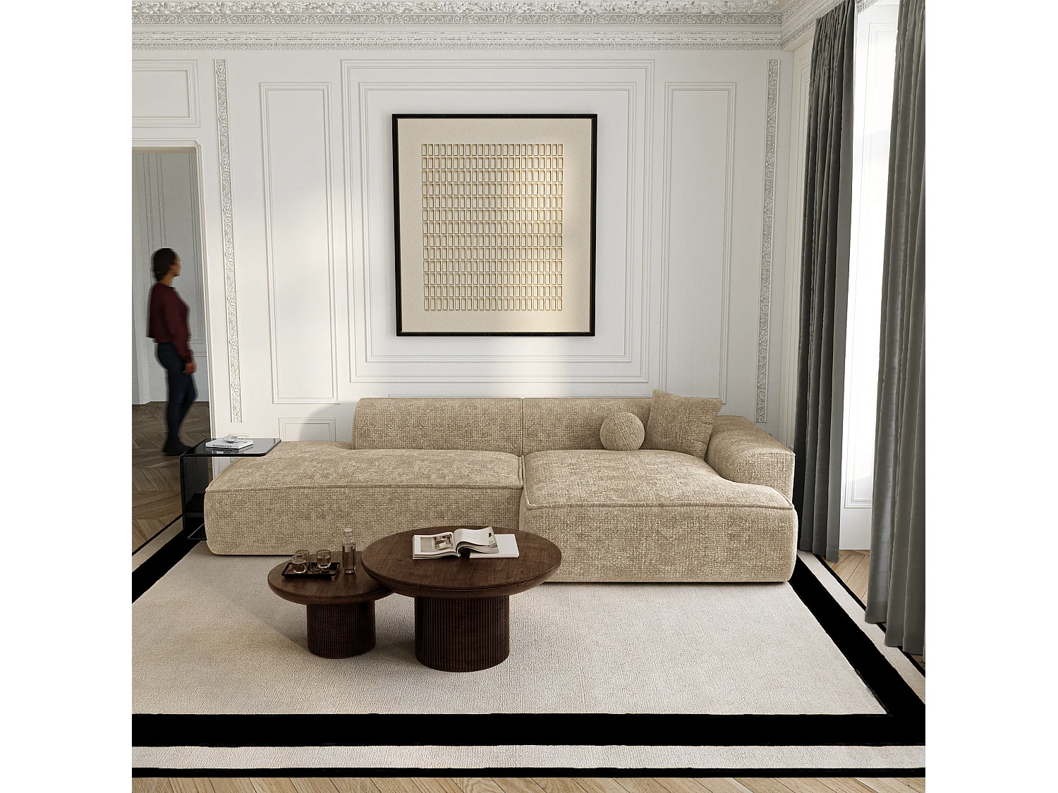 Canapé d'angle droit 4 places HANA en velours tramé taupe