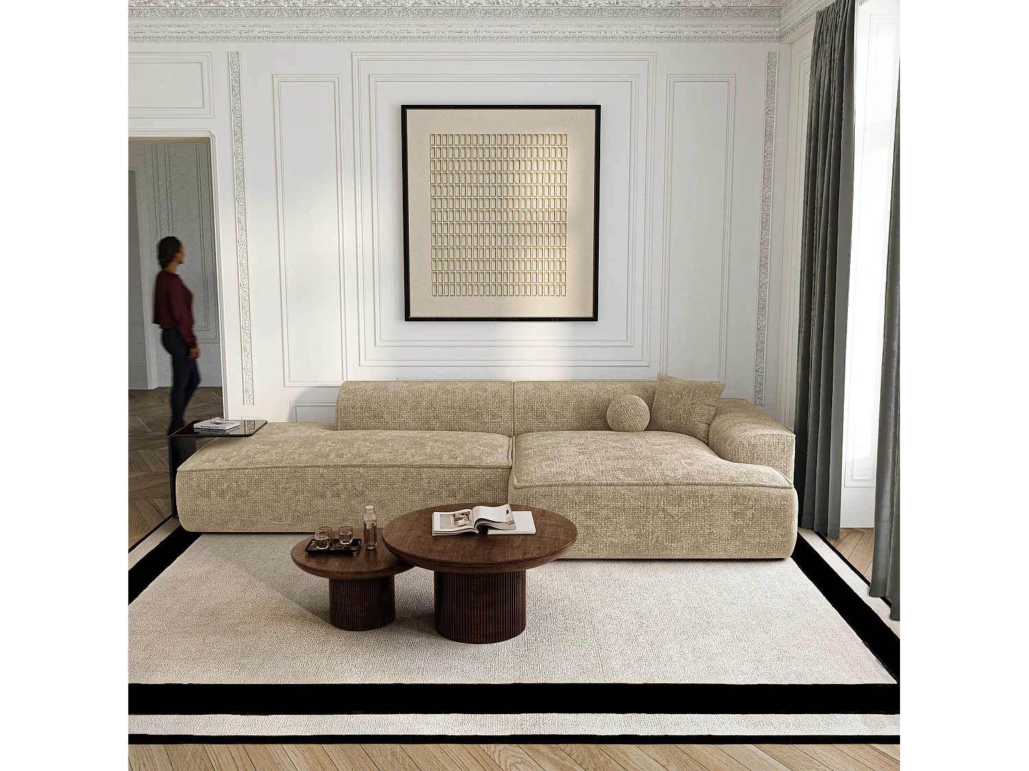 Canapé d'angle droit 4 places en velours taupe HANA