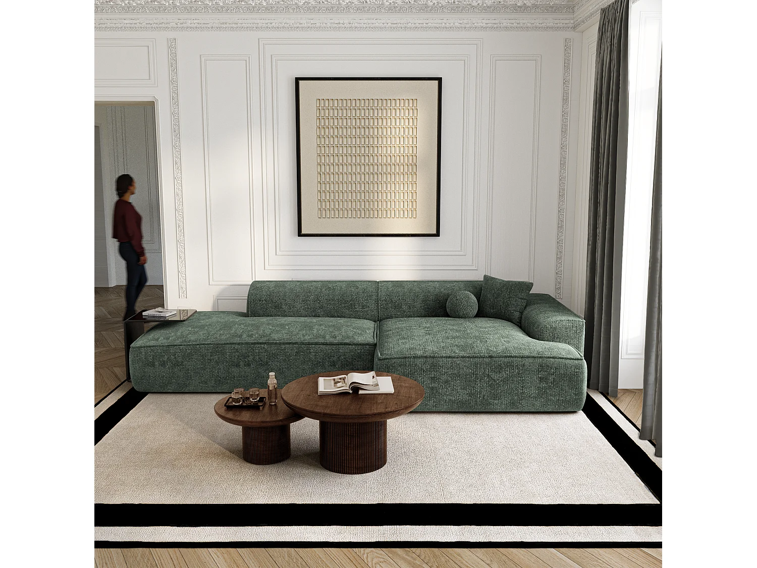 Canapé d'angle droit 4 places HANA en velours tramé vert olive