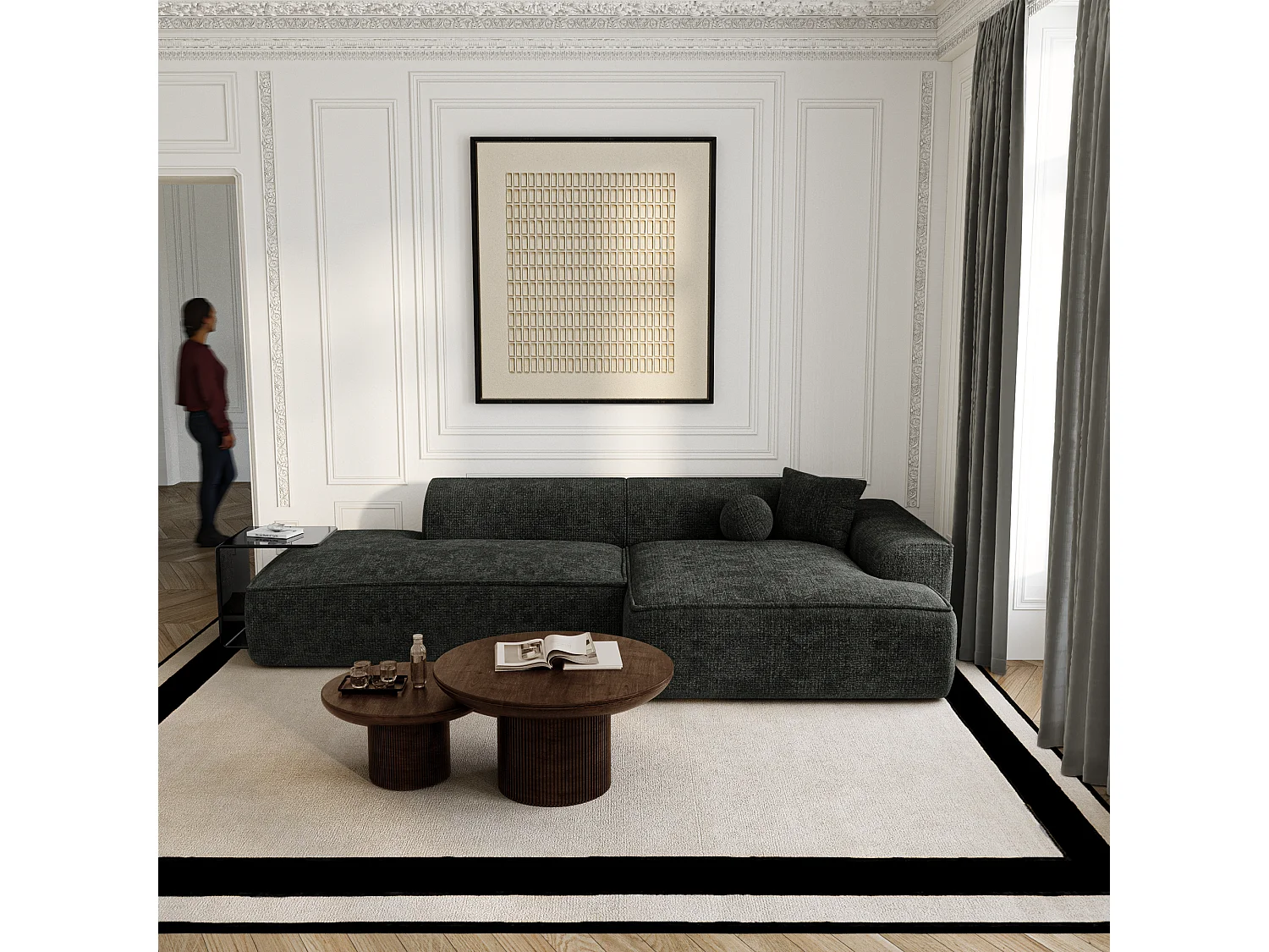 Canapé d'angle droit 4 places HANA en velours tramé anthracite foncé