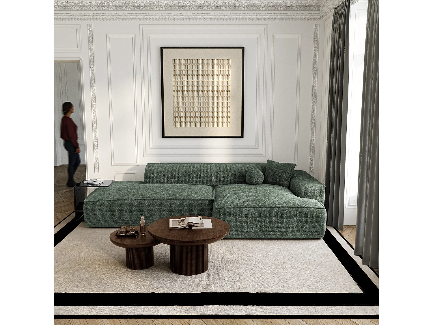 Canapé d'angle droit 4 places HANA en velours tramé vert olive