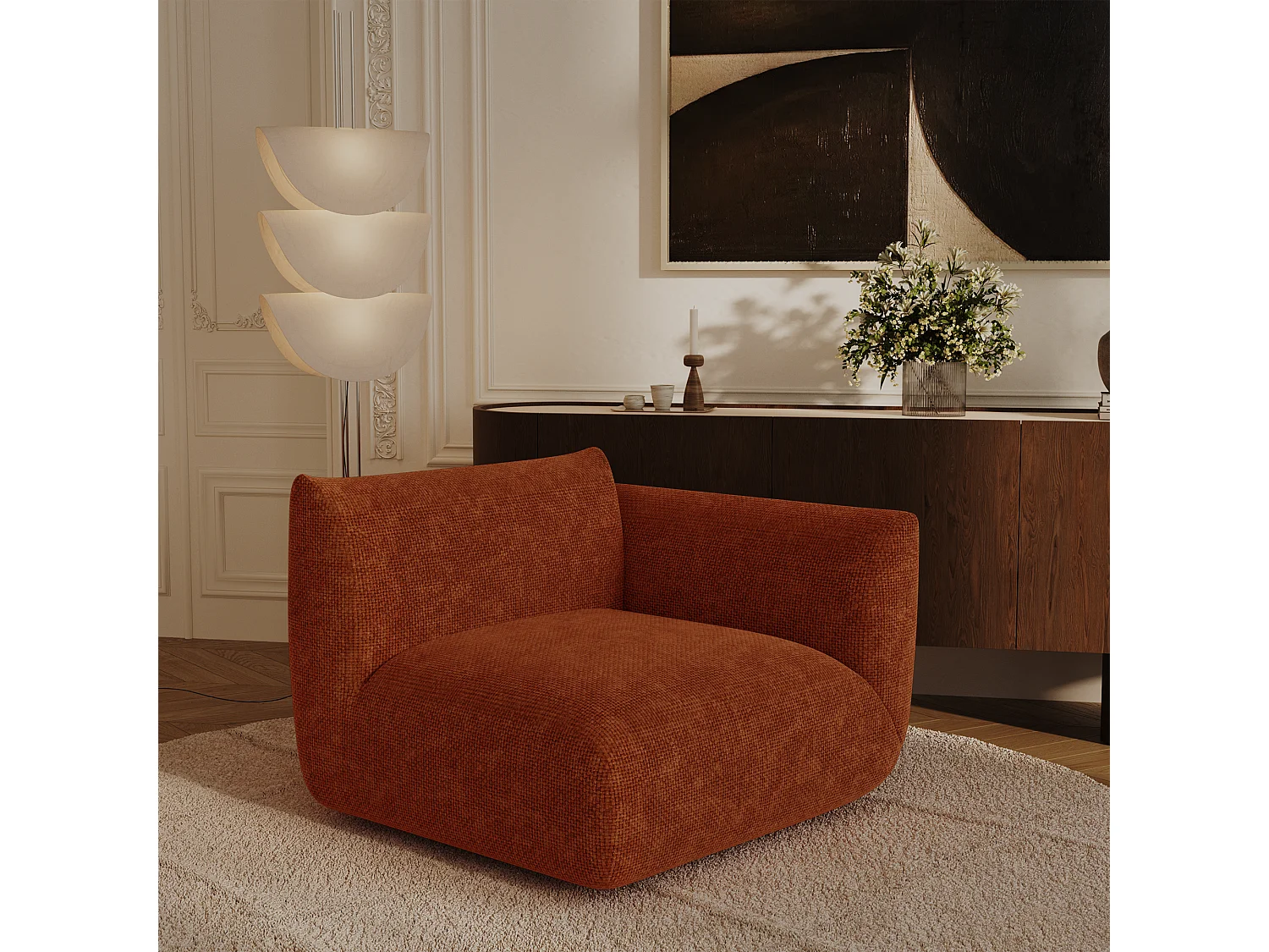 Module d'angle droit NOOMA en velours chenillé terracotta 108x97cm