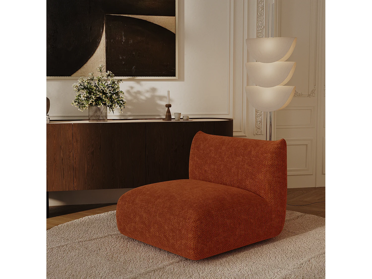 Fauteuil NOOMA en velours chenillé terracotta 97x97cm