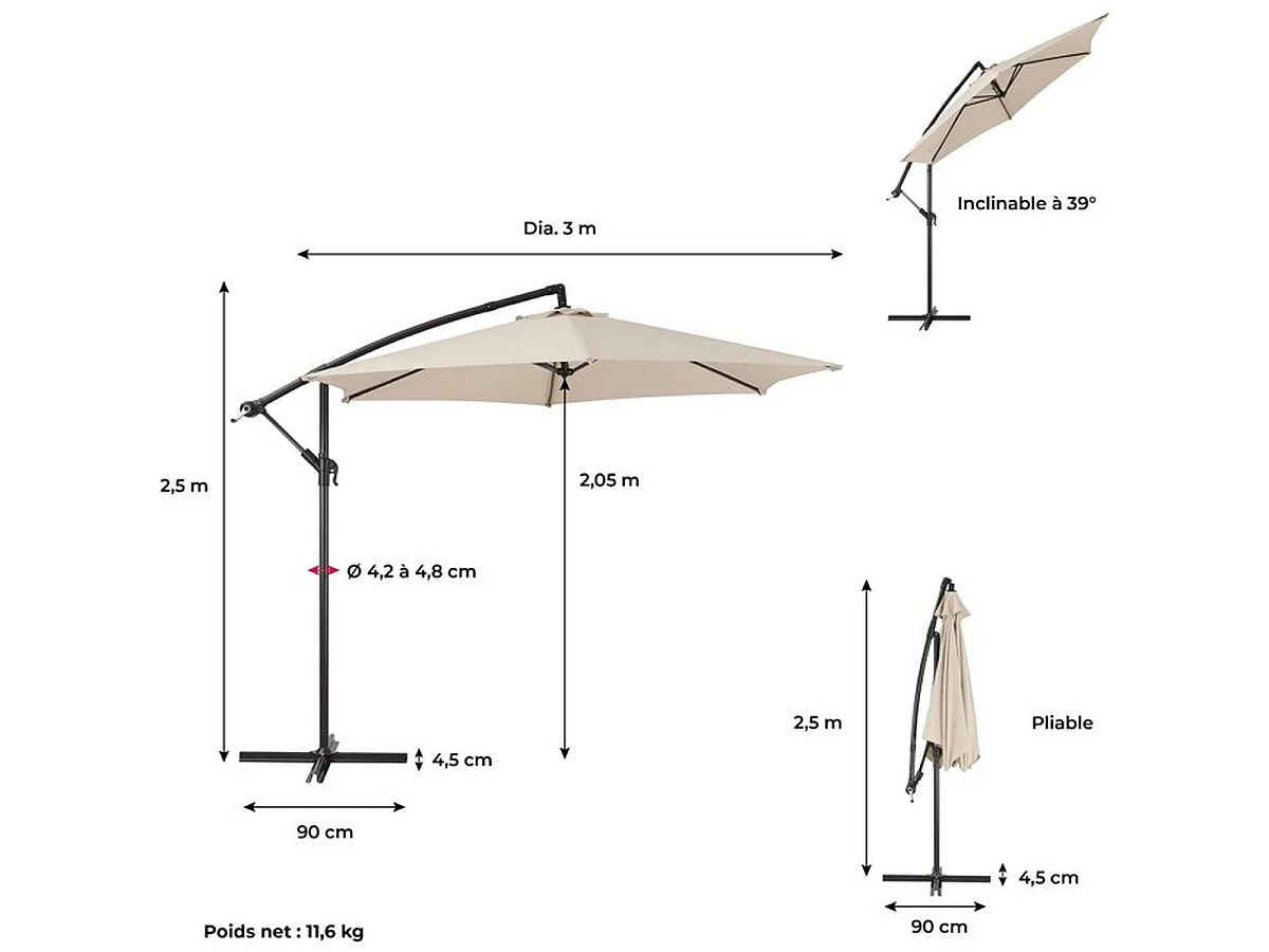 Parasol déporté AUREA Ø3 m en aluminium, toile polyester 180 g/m², crème