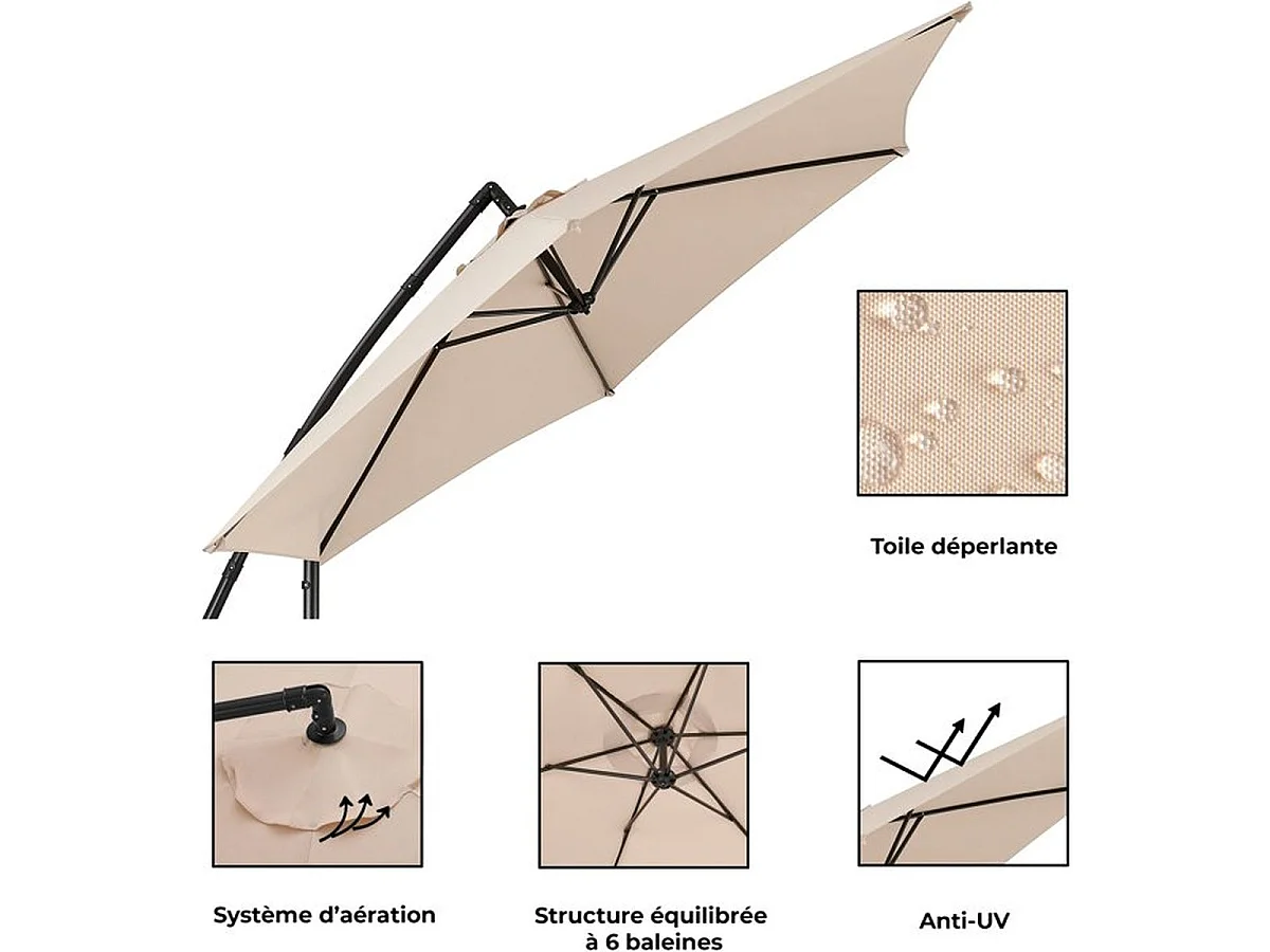 Parasol déporté AUREA Ø3 m en aluminium, toile polyester 180 g/m², crème