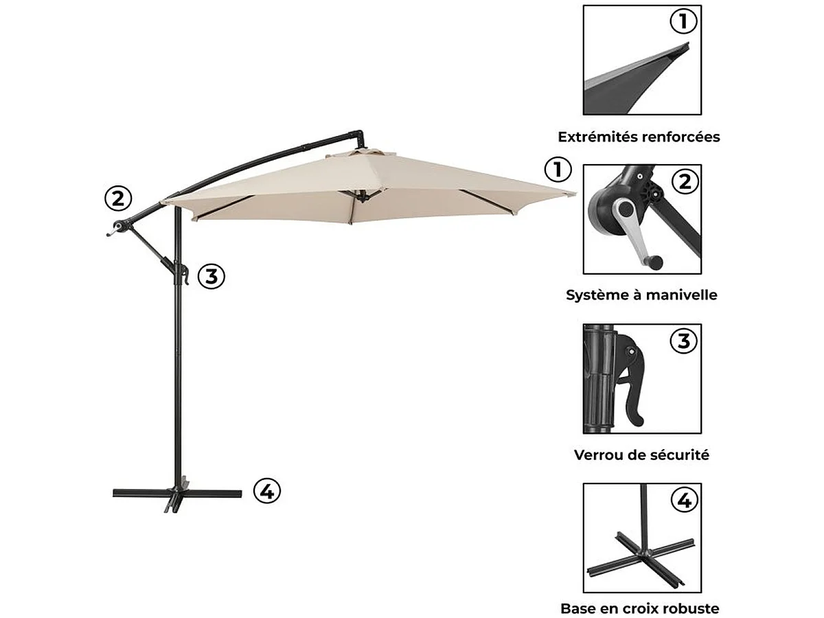 Parasol déporté AUREA Ø3 m en aluminium, toile polyester 180 g/m², crème