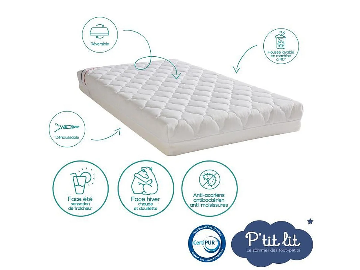 Matelas bébé réversible P'TIT LIT Climatisé 60 x 120 x 10 cm - Housse déhoussable