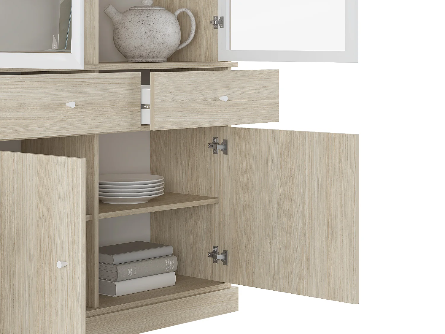 Vitrine avec rangements et LEDs - Naturel et blanc - MARSORIA