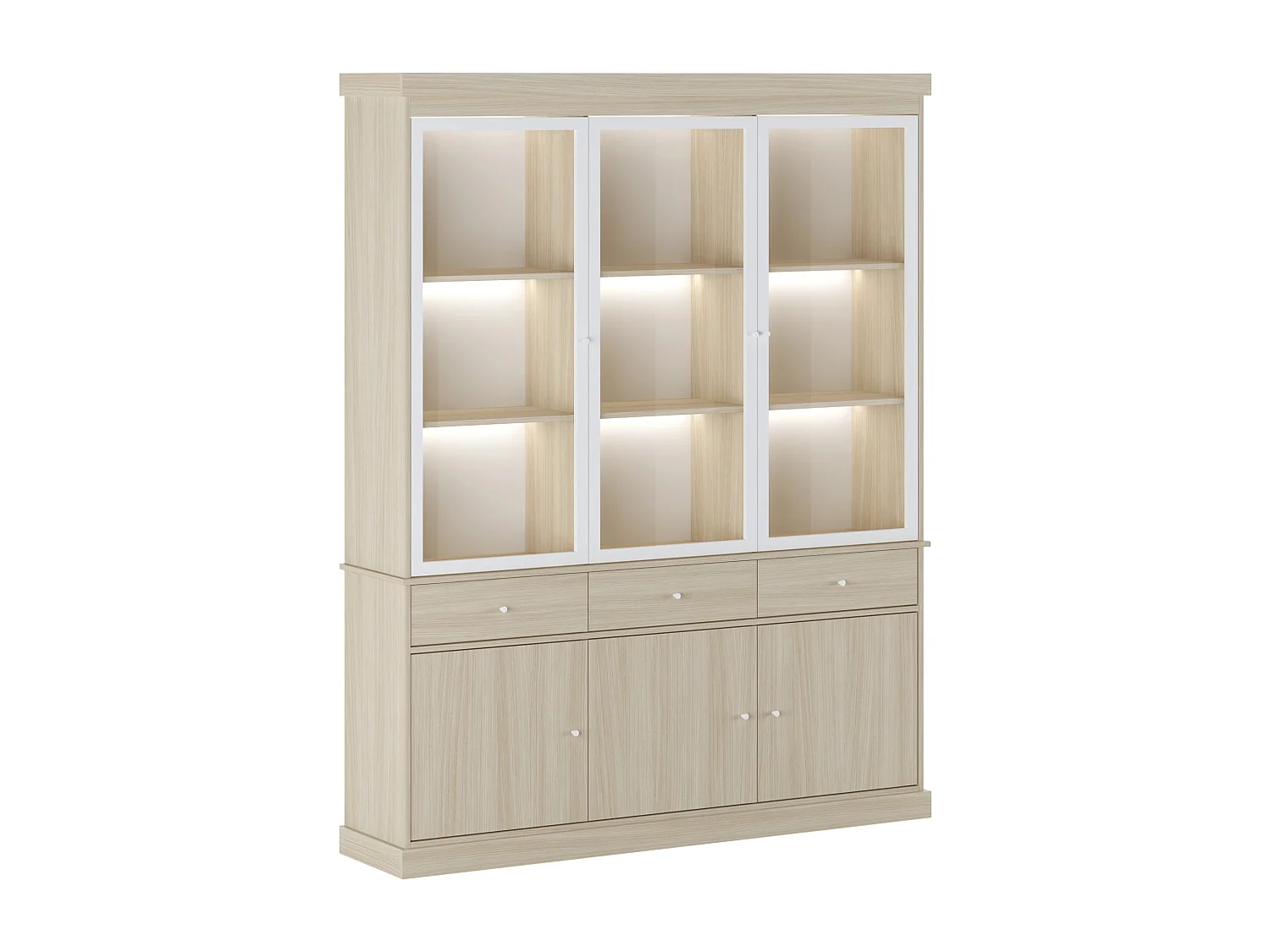 Vitrine avec rangements et LEDs - Naturel et blanc - MARSORIA