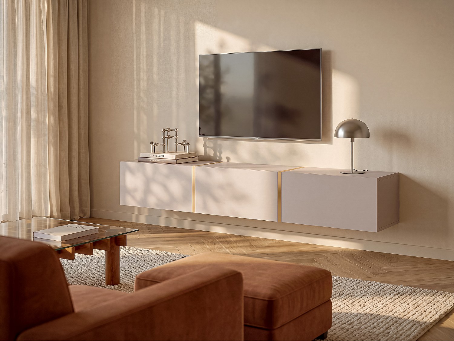 TV-Hängeschrank mit 3 Türen - Beige und Goldfarben - MARZIALO