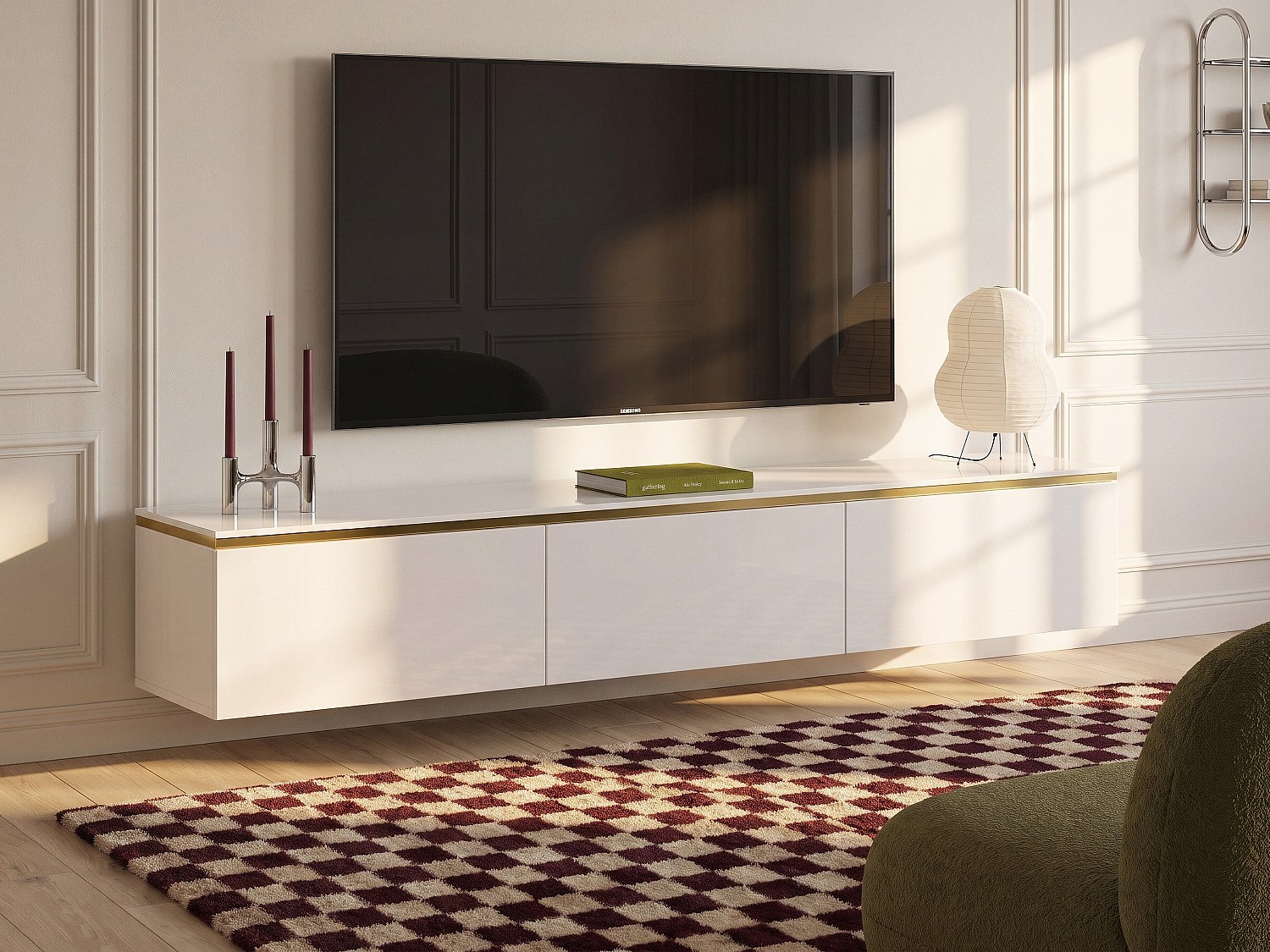 Hängender TV-Schrank mit 3 Türen – Weiß glänzend und Gold – VUKIA