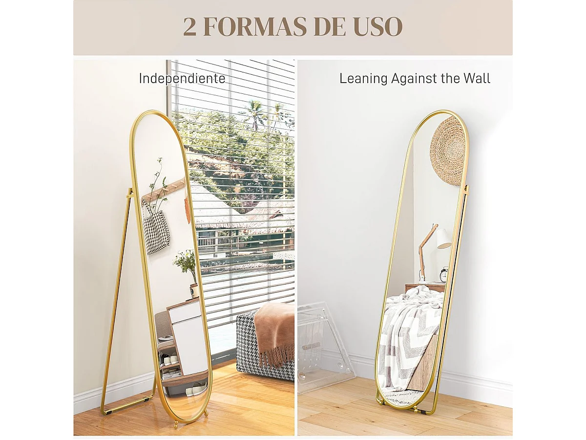 Espejo de pie Myra Homcom diseño ovalado 2 instalaciones dorado 160x40 cm