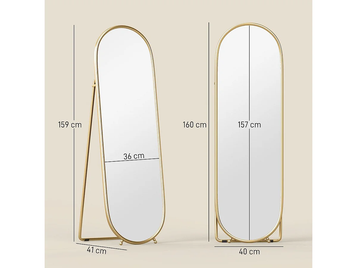 Espejo de pie Myra Homcom diseño ovalado 2 instalaciones dorado 160x40 cm