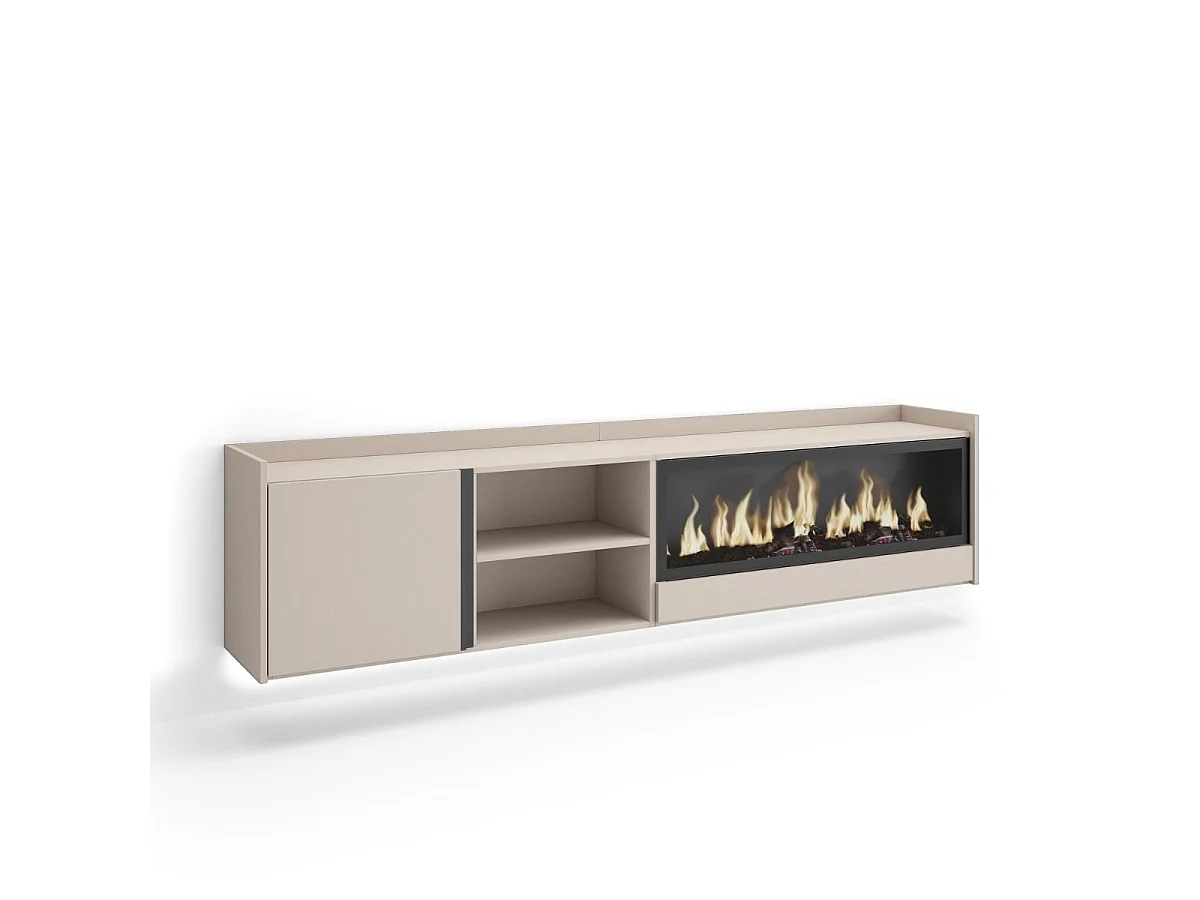 Mueble de TV Kroma luz LED y chimenea derecha flotante beige 50x212,4x35 cm