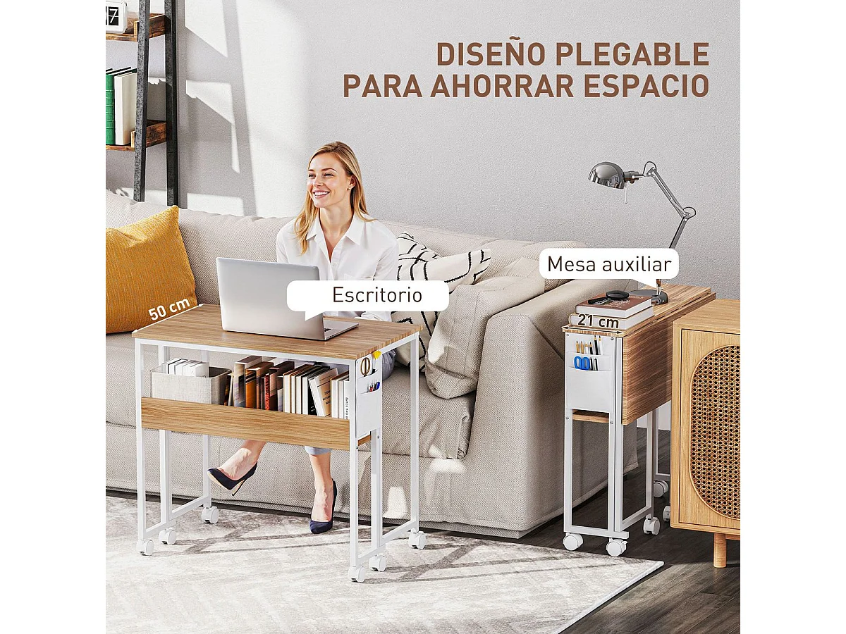 Escritorio Mira Homcom diseño plegable con ruedas natural 75x80x50 cm