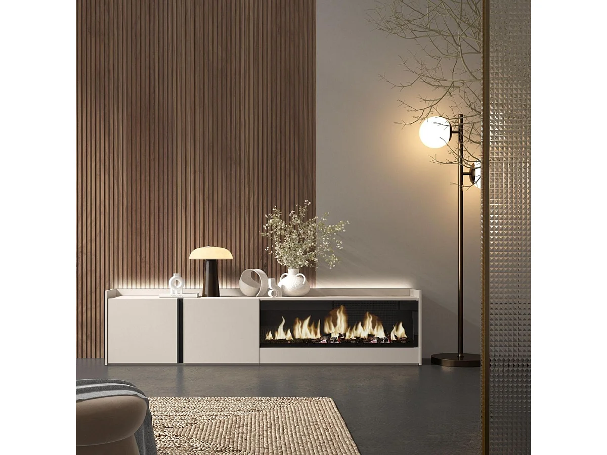 Mueble de TV Kroma luz LED con chimenea derecha beige 50x212,4x35 cm
