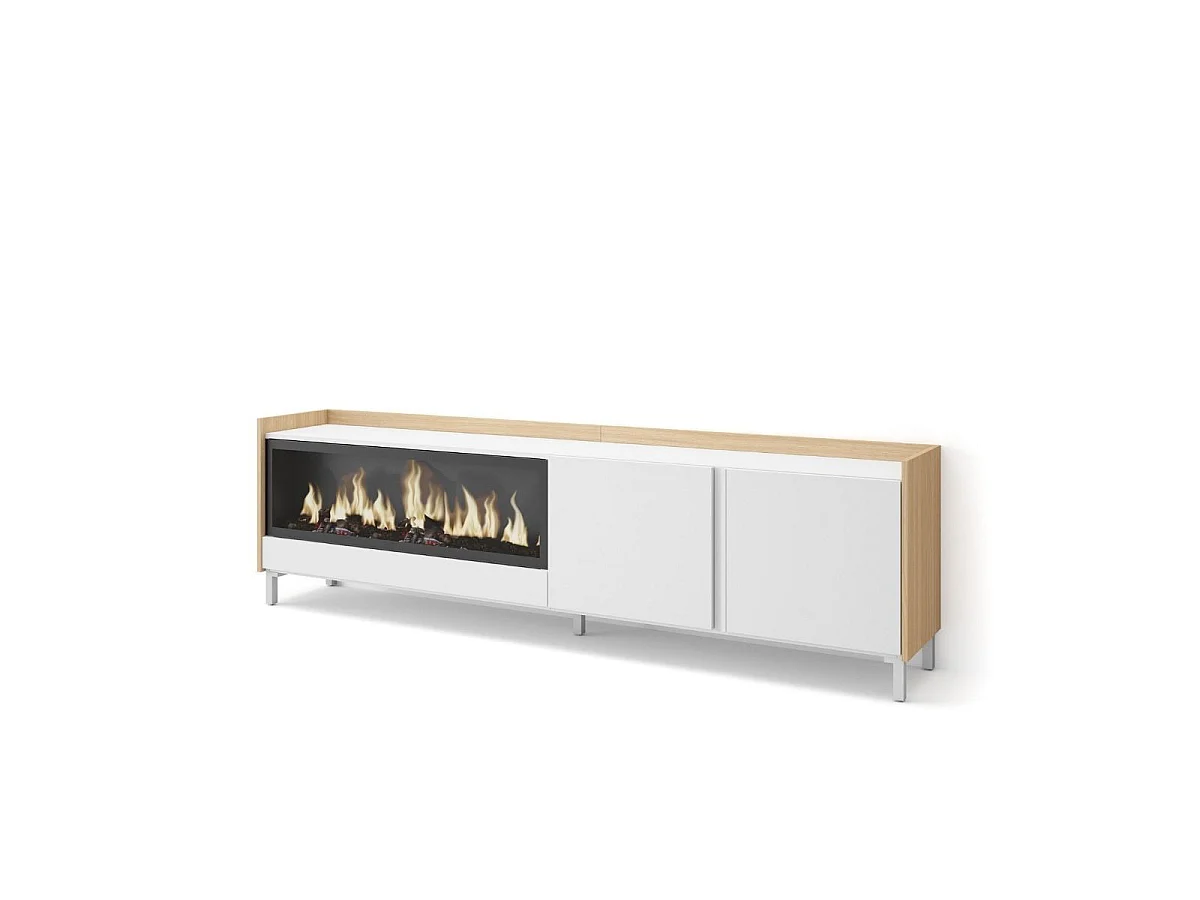 Mueble de TV Kroma luz LED con chimenea izquierda y patas beige 50x212,4x35 cm