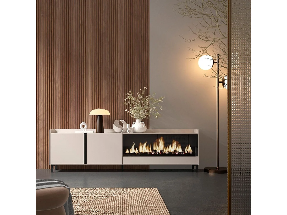 Mueble de TV Kroma con patas y chimenea derecha beige 61,1x212,4x35 cm