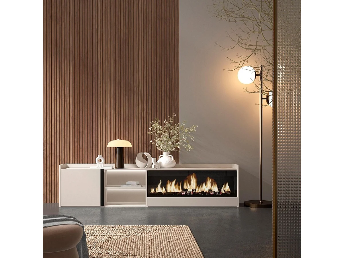 Mueble de TV Kroma con luz LED y chimenea derecha beige 50x212,4x35 cm