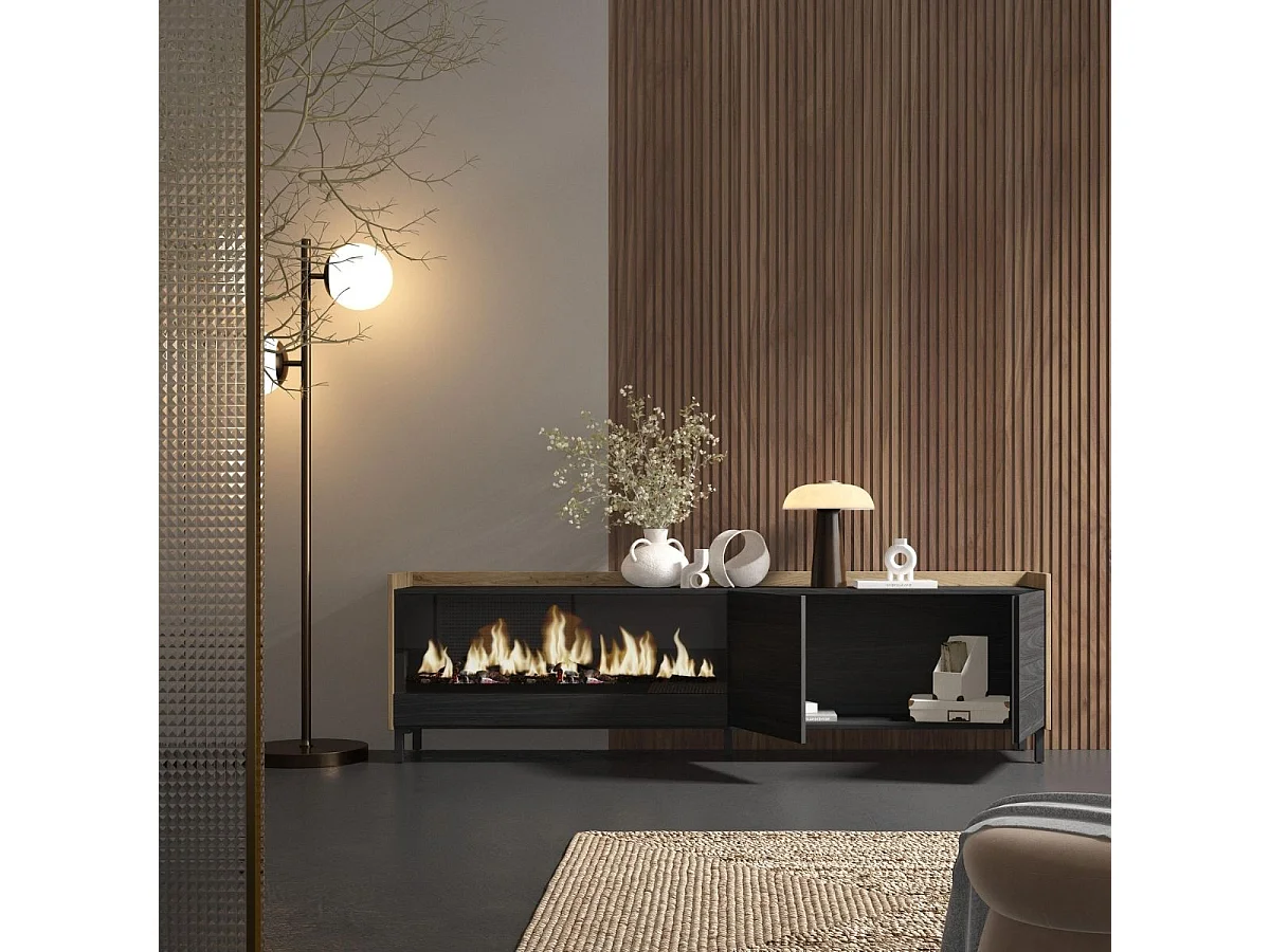 Mueble de TV Kroma luz LED con chimenea izquierda y patas negro 50x212,4x35 cm