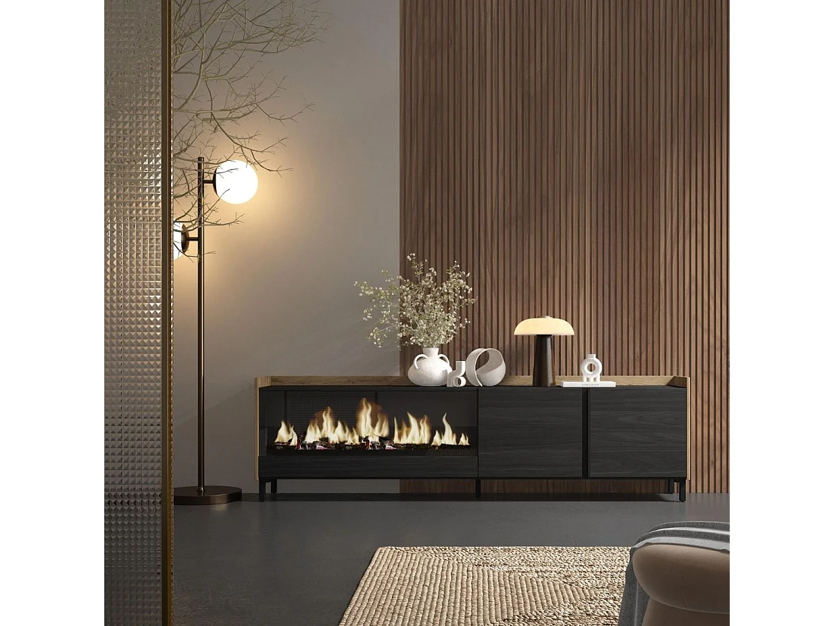 Mueble de TV Kroma luz LED con chimenea izquierda y patas negro 50x212,4x35 cm