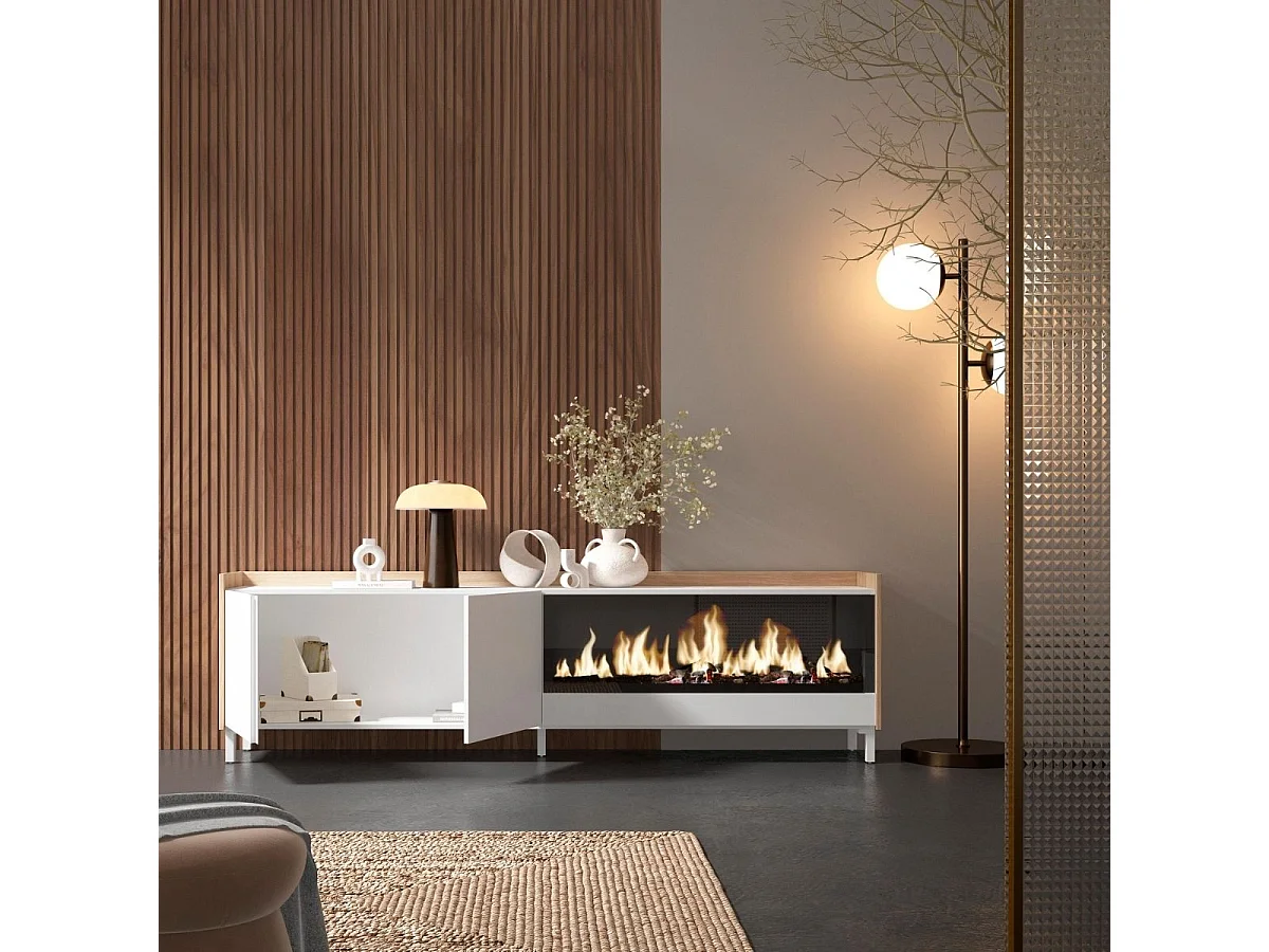 Mueble de TV Kroma con patas y chimenea derecha blanco 61,1x212,4x35 cm