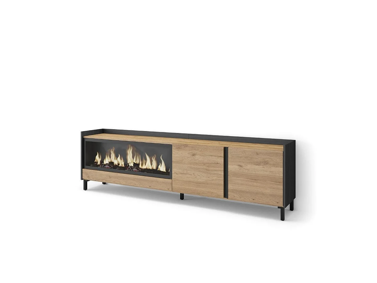 Mueble de TV Kroma luz LED con chimenea izquierda y patas natural 50x212,4x35 cm