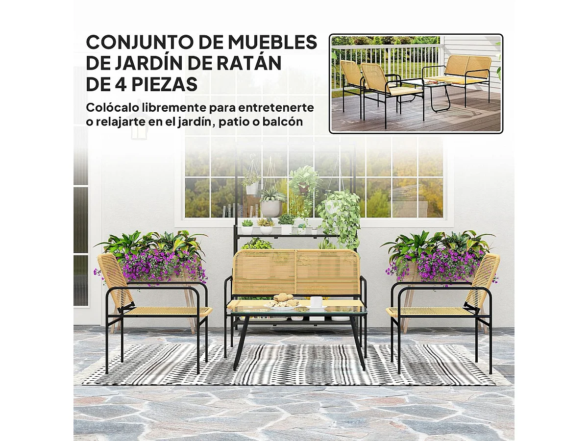 Conjunto de jardín Azalea Outsunny sofá con 2 sillas y mesa natural/negro