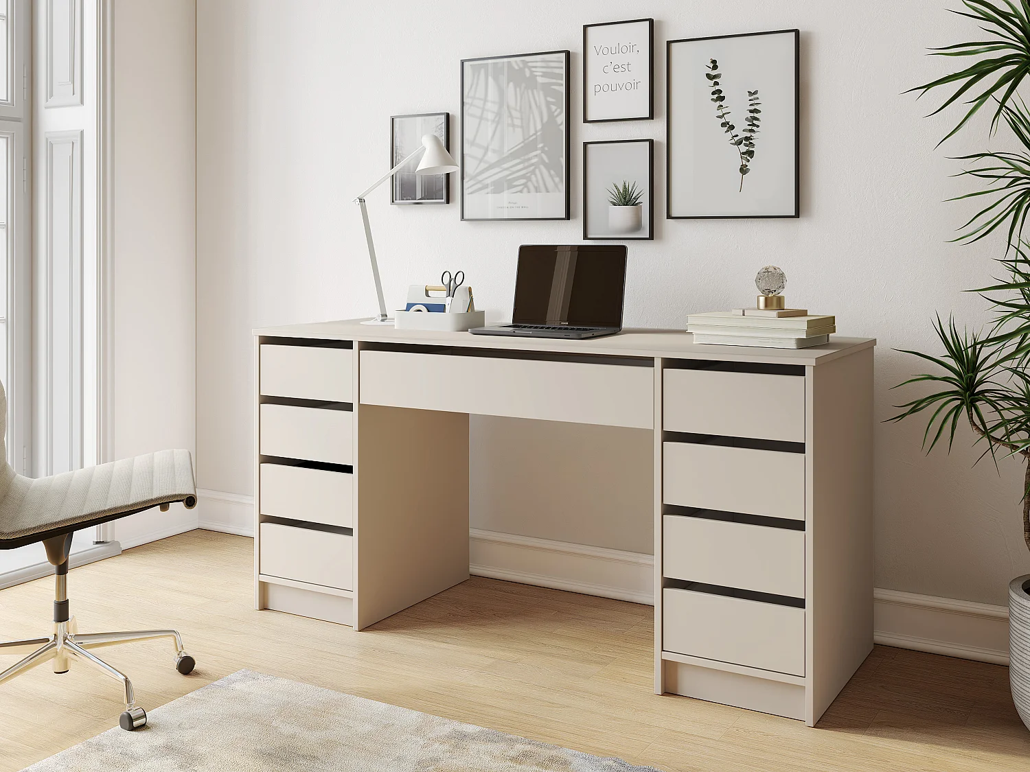 Bureau avec 9 tiroirs - Beige - JENEMI