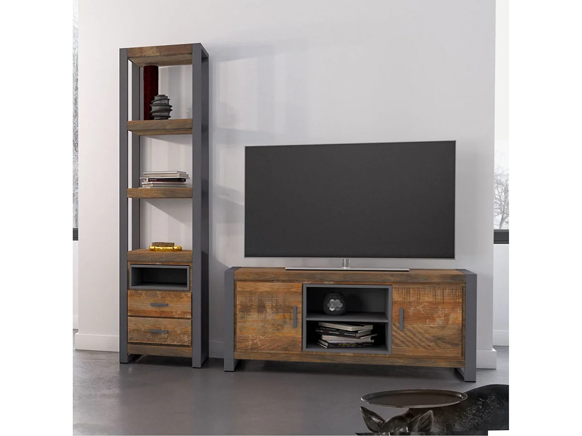 Meuble TV 2 portes en bois massif recyclé et acier patiné - MANGOVRE