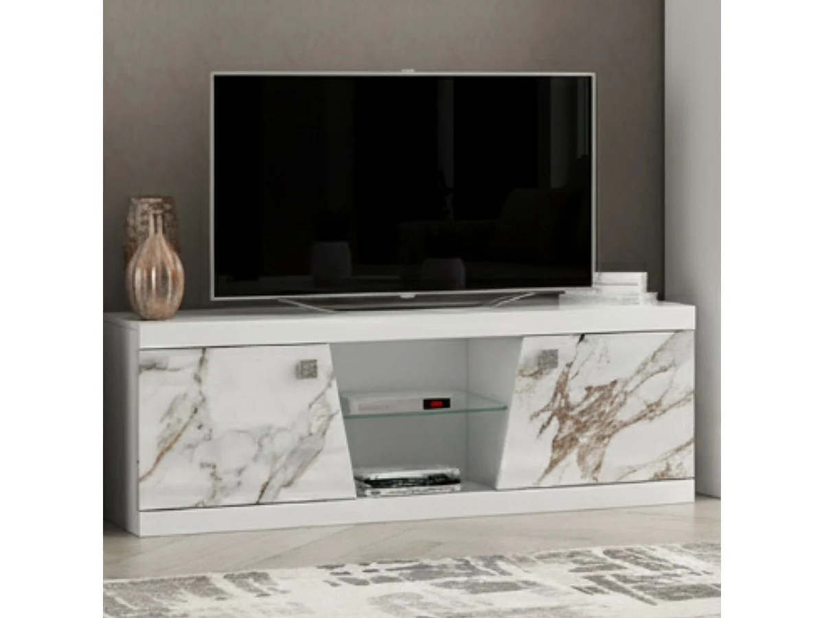 Meuble TV 2 portes 2 niches laqué blanc et imitation marbre - ETOLIS