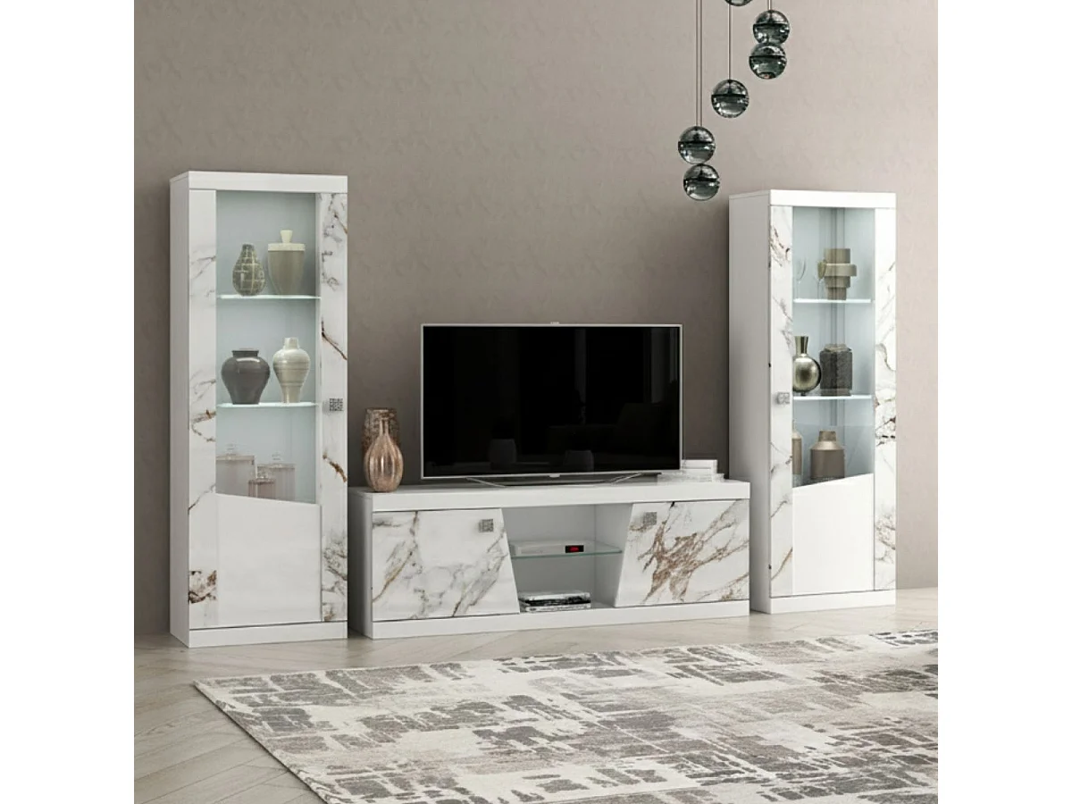 Meuble TV 2 portes 2 niches laqué blanc et imitation marbre - ETOLIS