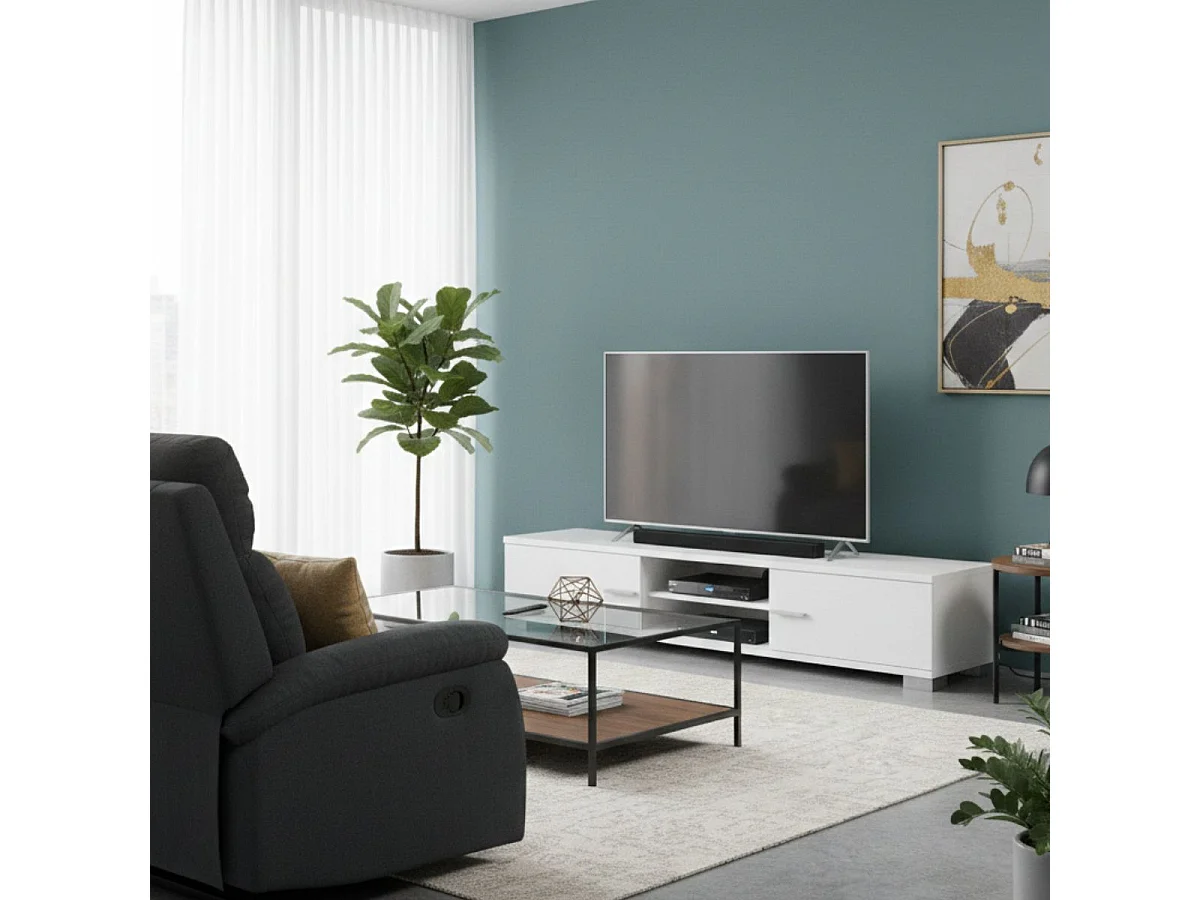 Meuble TV 2 portes 140cm 2 niches laqué blanc - PALLADIO