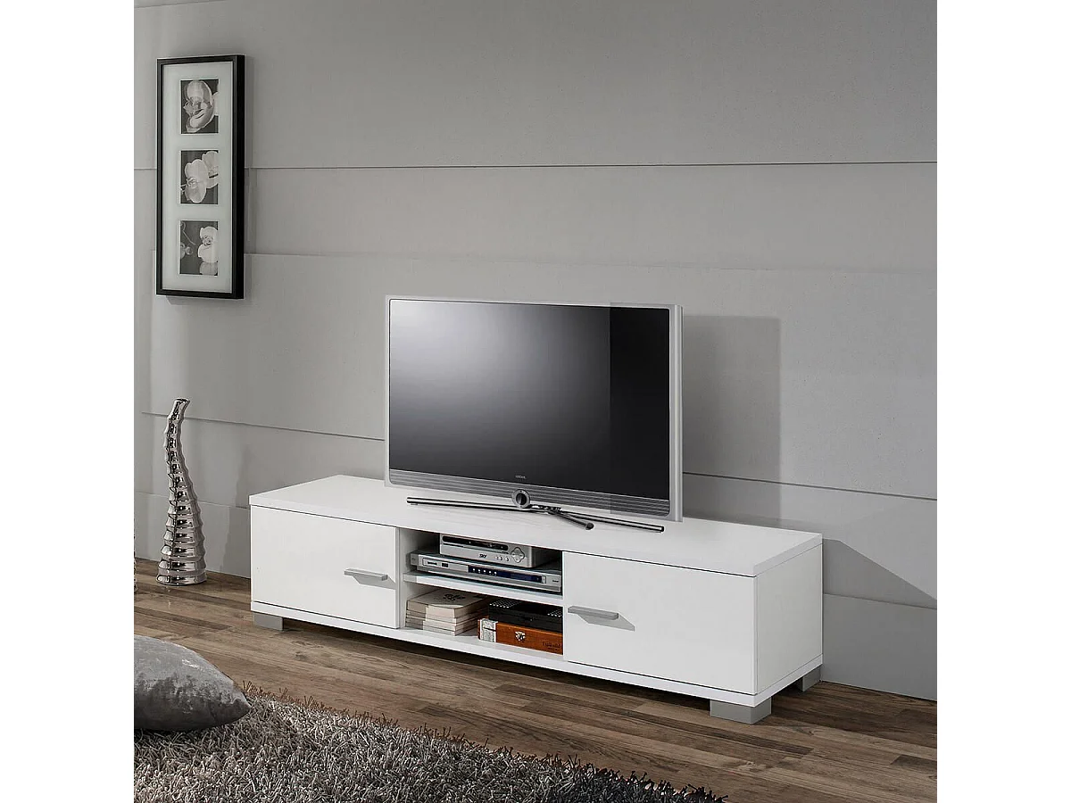 Meuble TV 2 portes 140cm 2 niches laqué blanc - PALLADIO