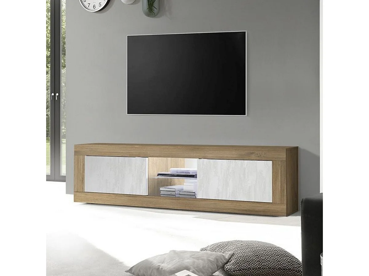 Meuble TV 2 Portes 2 Niches aspect bois finition Mercure façades blanc texturées avec Leds - OTELLO
