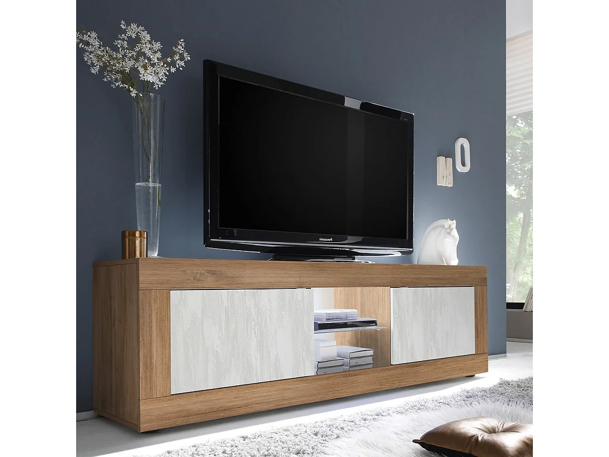 Meuble TV 2 Portes 2 Niches aspect bois finition Mercure façades blanc texturées avec Leds - OTELLO