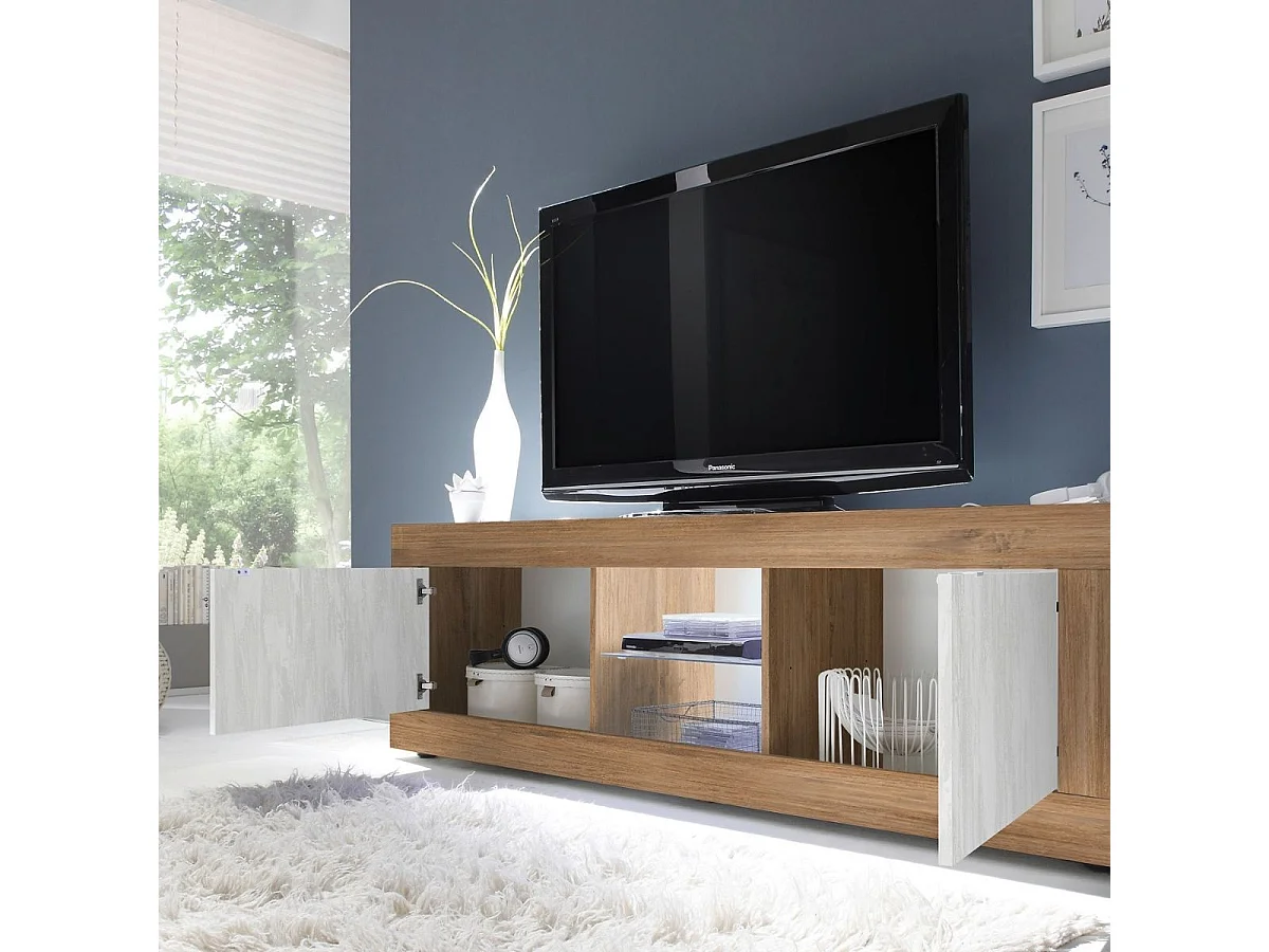 Meuble TV 2 Portes 2 Niches aspect bois finition Mercure façades blanc texturées avec Leds - OTELLO