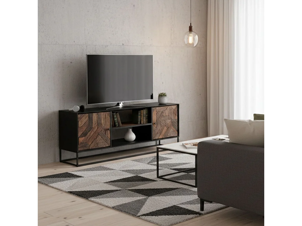Meuble TV 2 Portes 2 Niches en Métal Noir et Bois Recyclé - JORDAN