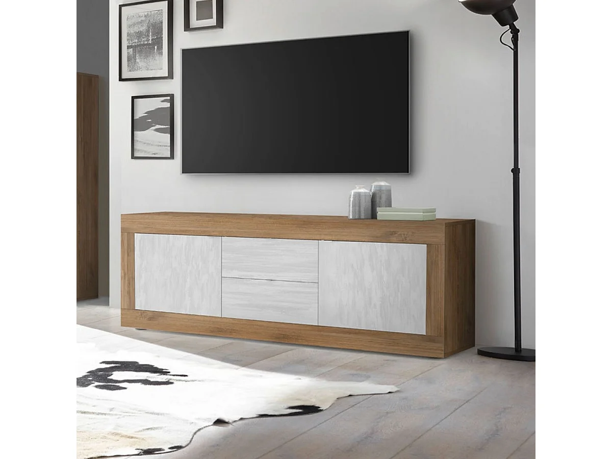 Meuble TV 2 portes 2 tiroirs aspect bois finition Mercure façades blanc texturées - OTELLO