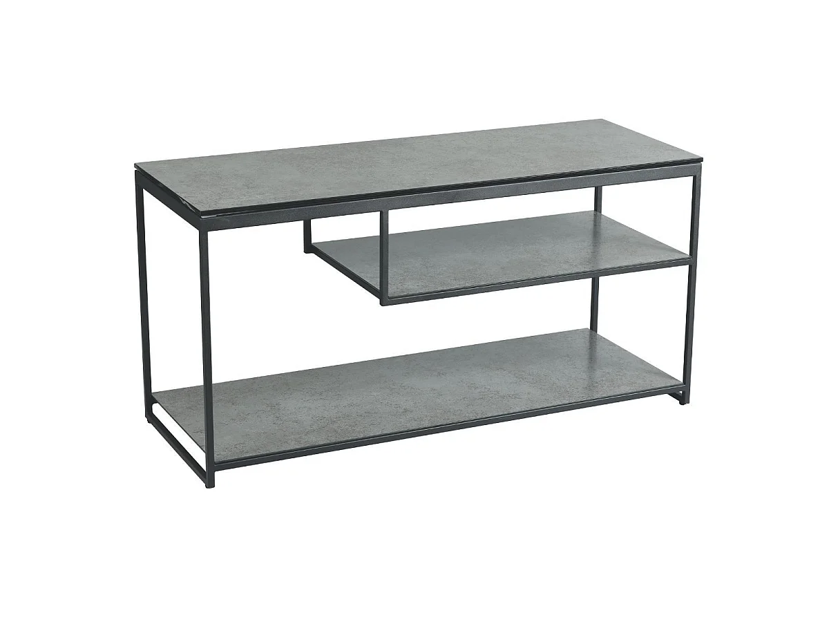 Meuble TV en acier laqué anthracite avec plateaux en verre finition aspect céramique - STRATE